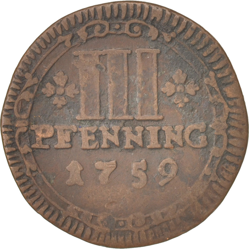 German States, MUNSTER, 3 Pfenning, 1759, VF(20-25), Copper, KM:430