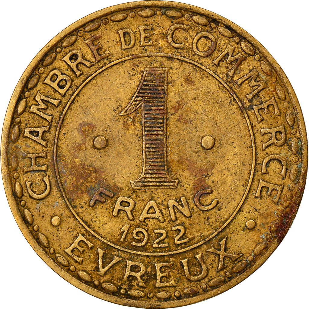 Coin, France, Evreux, 1 Franc, 1922, VF(30-35), Brass, Elie:10.4