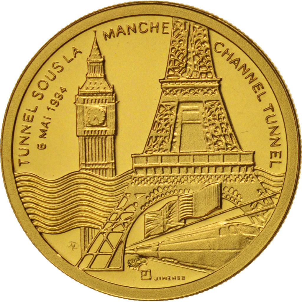 France, Medal, Tunnel sous la Manche - Elizabeth II, Mitterrand, Jimenez, Gold