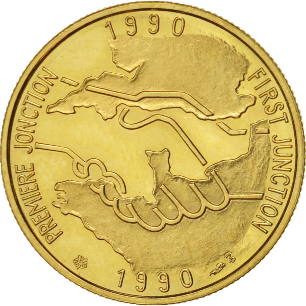 France, Medal, Tunnel sous la Manche - First Junction, 1990, MS(63), Gold