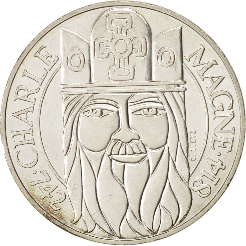 France, Charlemagne, 100 Francs, 1990, MS(63), Silver, KM:982, Gadoury:905
