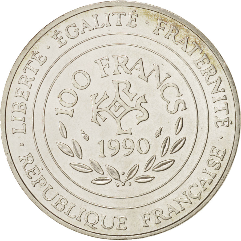 France, Charlemagne, 100 Francs, 1990, MS(63), Silver, KM:982, Gadoury:905