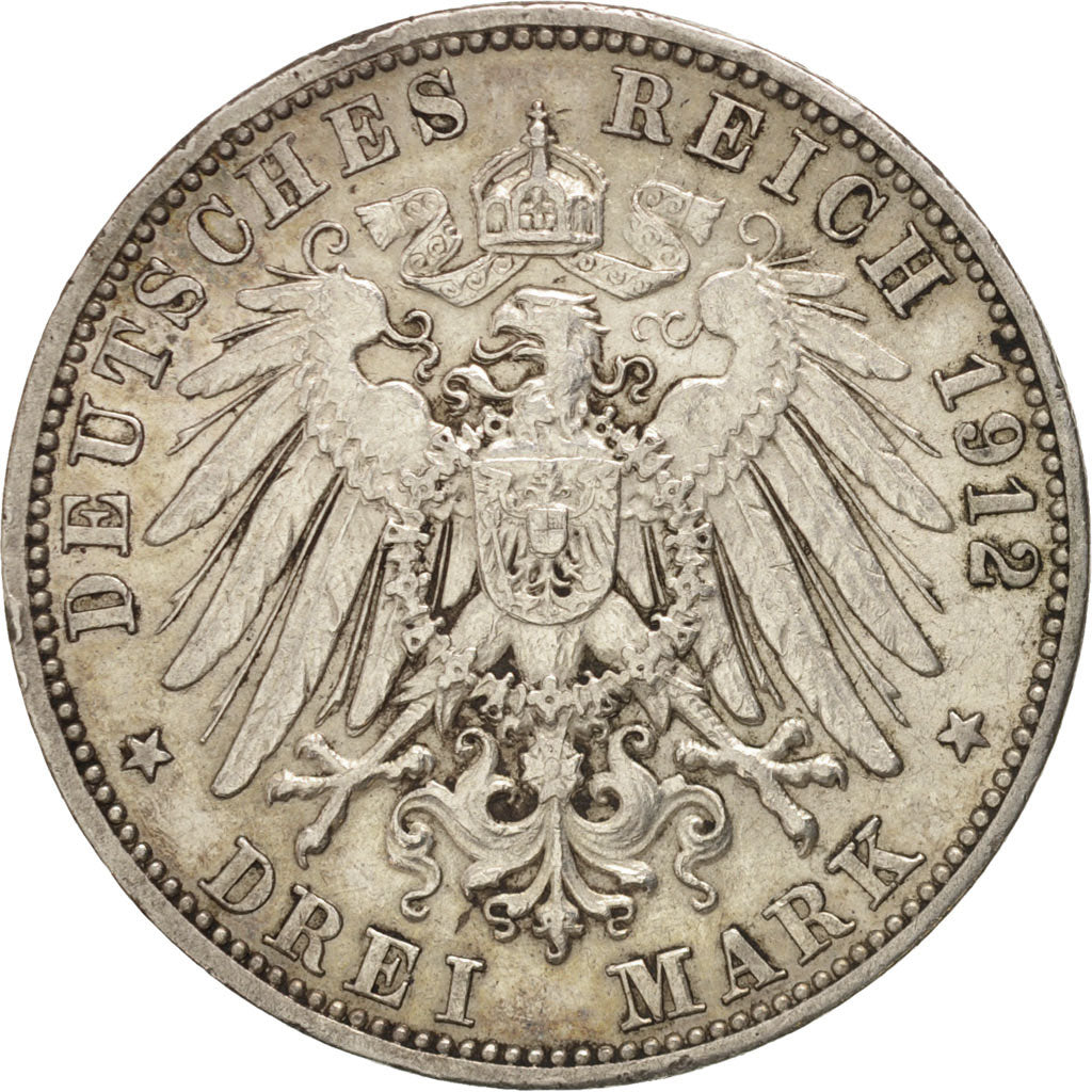 Coin, German States, BADEN, Friedrich II, 3 Mark, 1912, Stuttgart, EF(40-45)