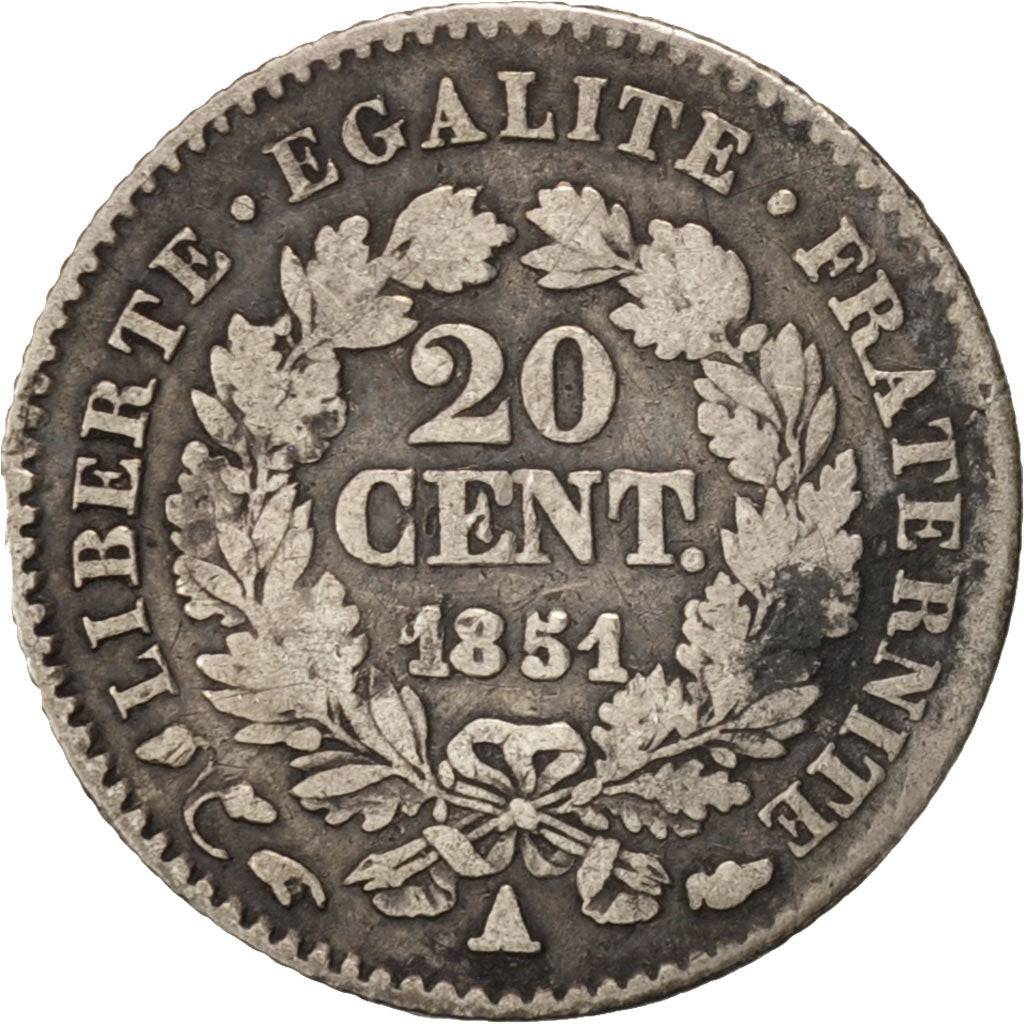 Francia, Cérès, 20 Centimes, 1851, Paris, B+, Argento, KM:758.1, Gadoury:303