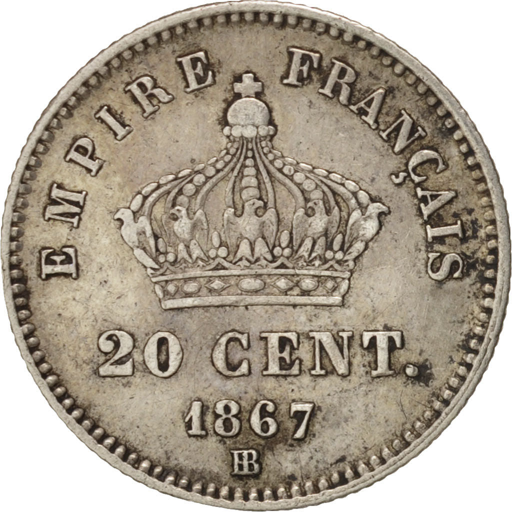 France, Napoleon III, 20 Centimes, 1867, Strasbourg, EF(40-45), KM:808.2