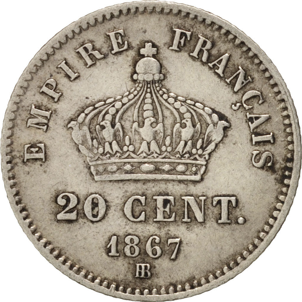 Francia, Napoleon III, 20 Centimes, 1867, Strasbourg, BB, KM:808.2