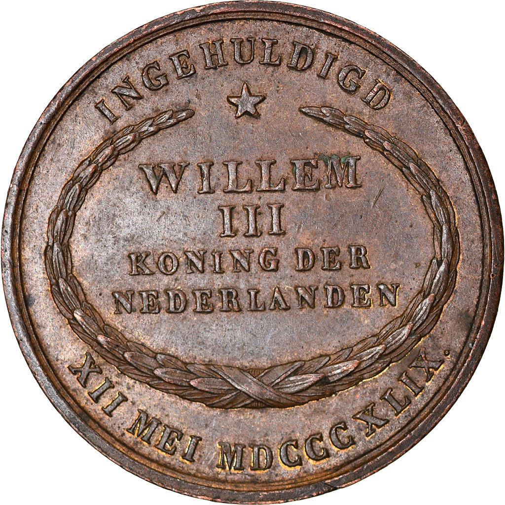 Netherlands, Medal, Ingehuldigd, Willem III, 1869, AU(50-53), Copper