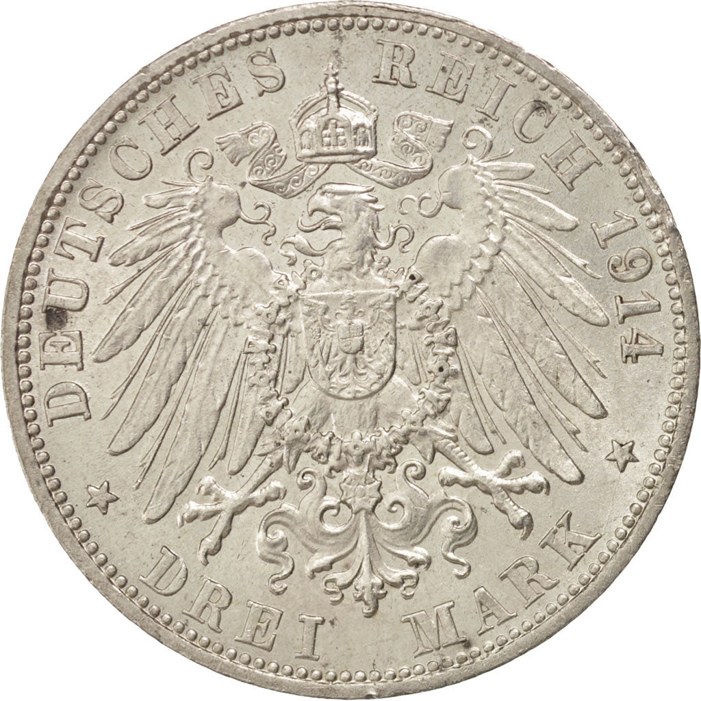 German States, BADEN, Friedrich II, 3 Mark, 1914, Stuttgart, Silver, KM:280