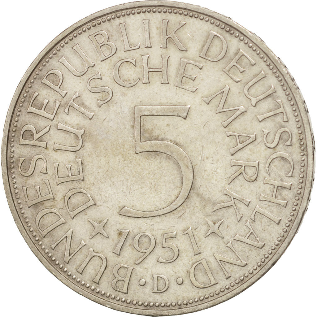 Coin, GERMANY - FEDERAL REPUBLIC, 5 Mark, 1951, Munich, EF(40-45), Silver