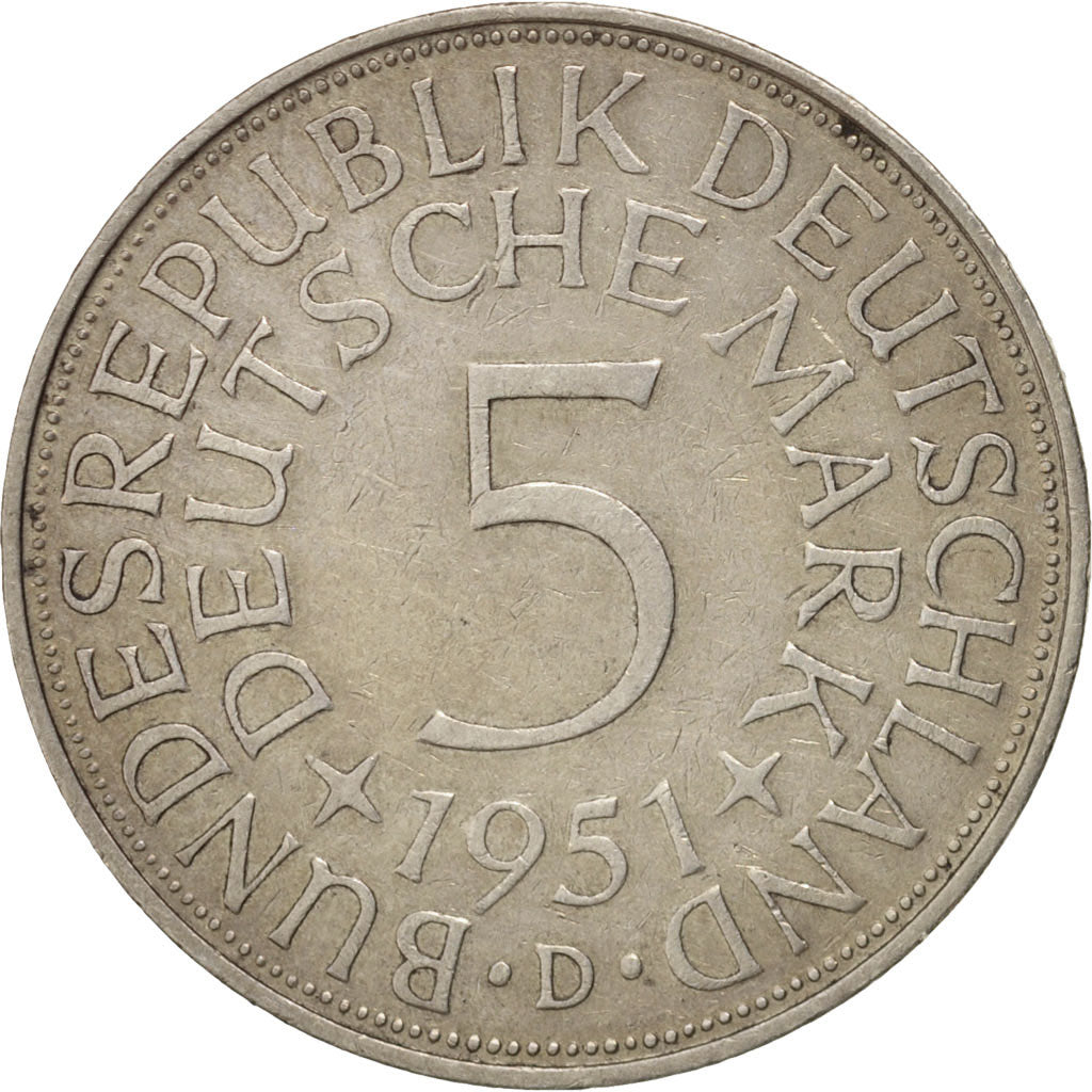 GERMANY - FEDERAL REPUBLIC, 5 Mark, 1951, Munich, EF(40-45), Silver, KM:112.1