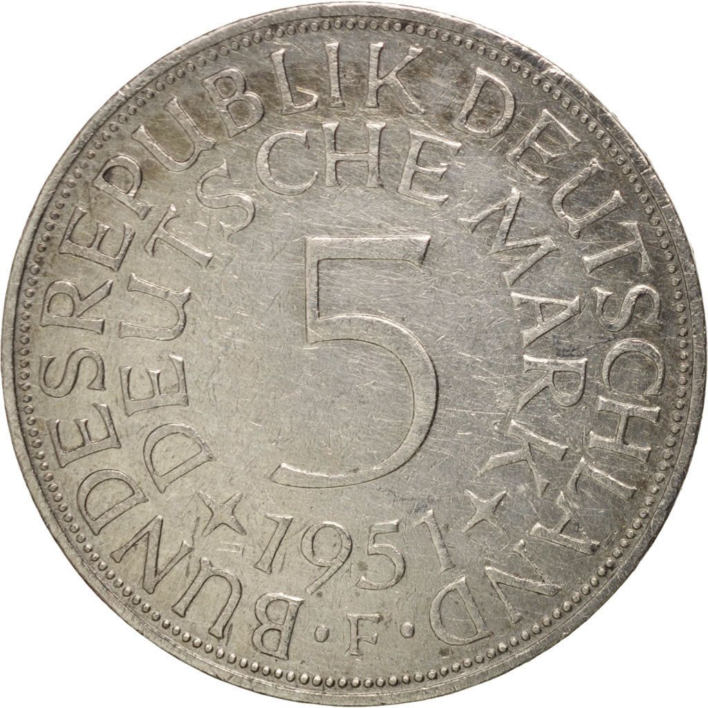 Coin, GERMANY - FEDERAL REPUBLIC, 5 Mark, 1951, Stuttgart, EF(40-45), Silver