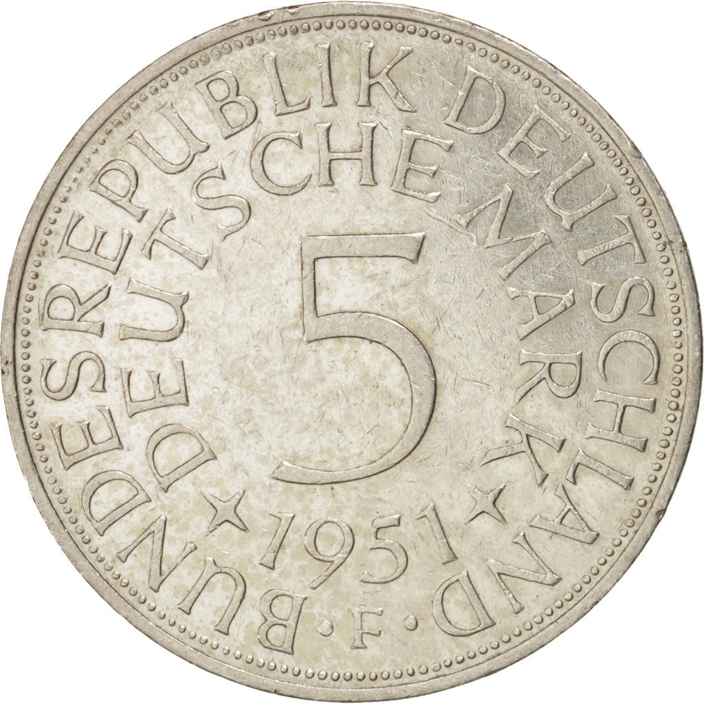 GERMANY - FEDERAL REPUBLIC, 5 Mark, 1951, Stuttgart, AU(50-53), Silver, KM:112.1