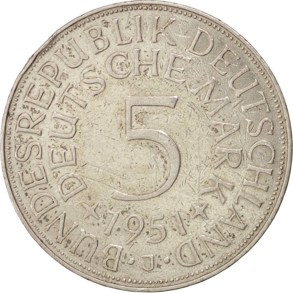 Coin, GERMANY - FEDERAL REPUBLIC, 5 Mark, 1951, Hamburg, EF(40-45), Silver