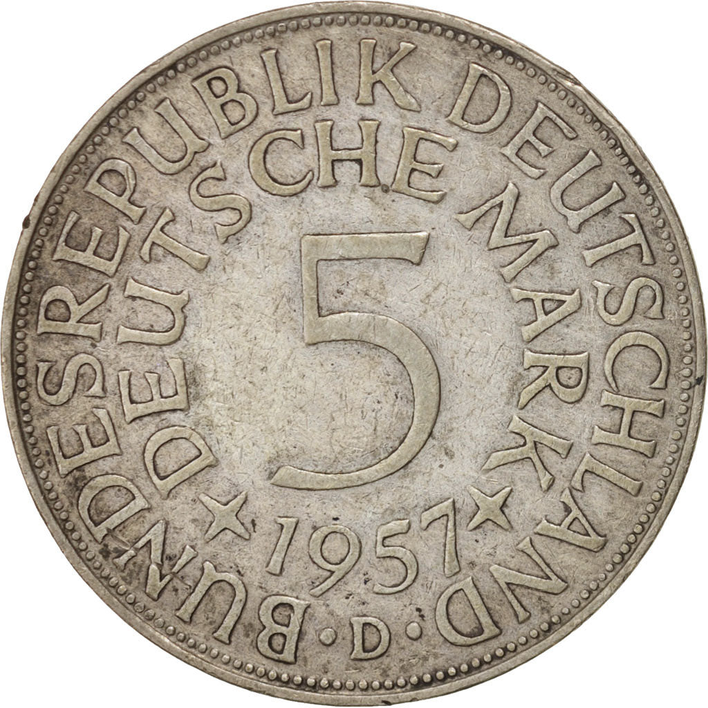 GERMANY - FEDERAL REPUBLIC, 5 Mark, 1957, Munich, EF(40-45), Silver, KM:112.1
