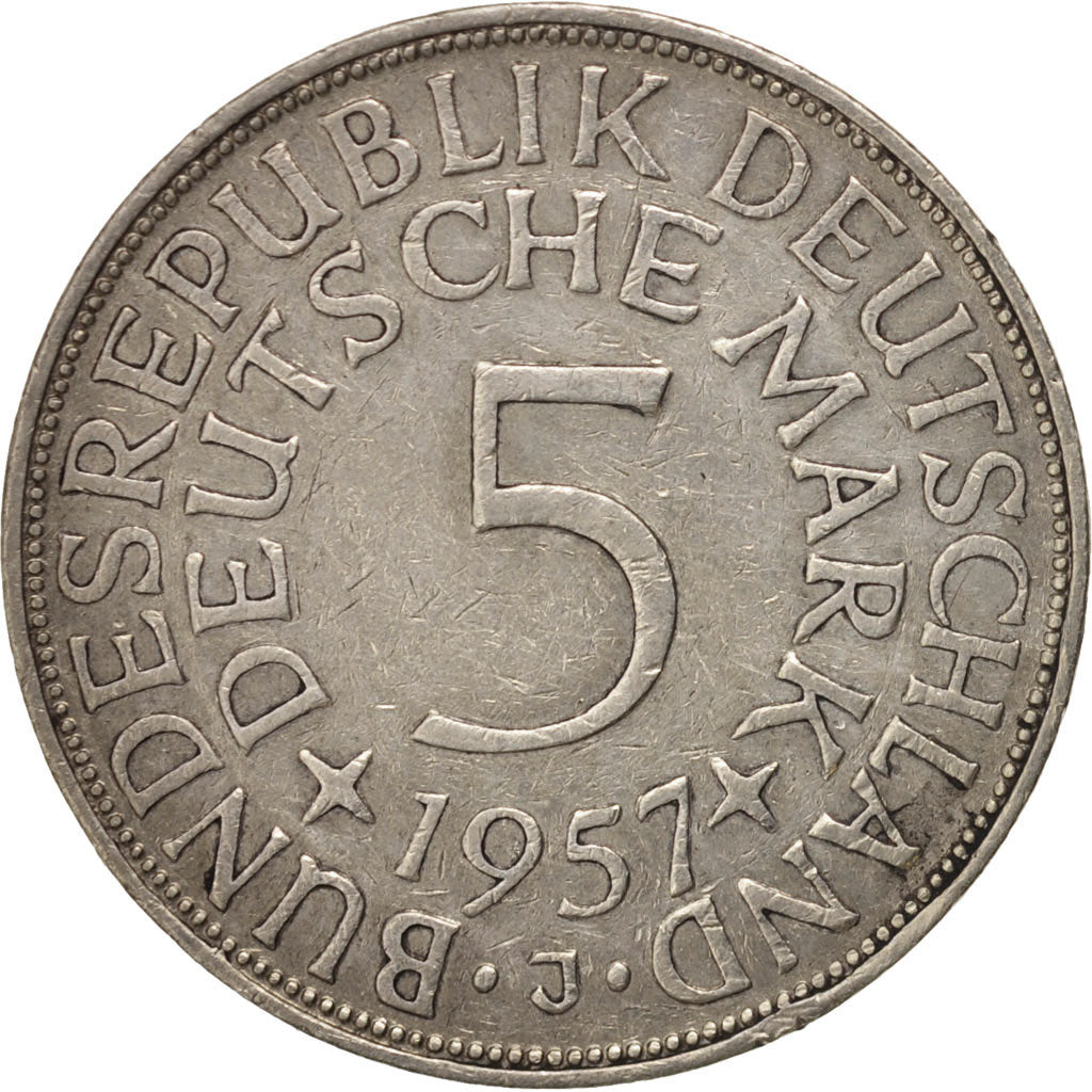 GERMANY - FEDERAL REPUBLIC, 5 Mark, 1957, Hamburg, EF(40-45), Silver, KM:112.1