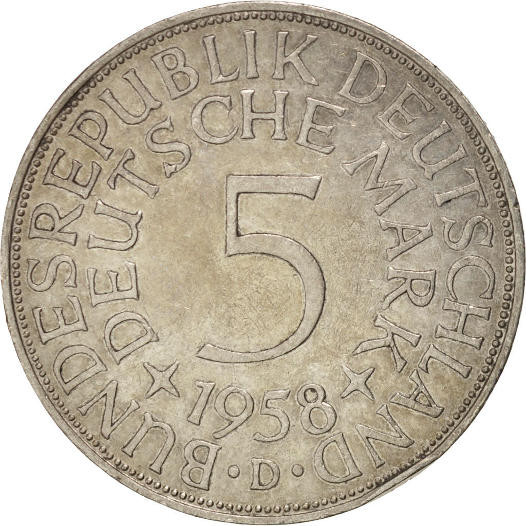 GERMANY - FEDERAL REPUBLIC, 5 Mark, 1958, Munich, EF(40-45), Silver, KM:112.1