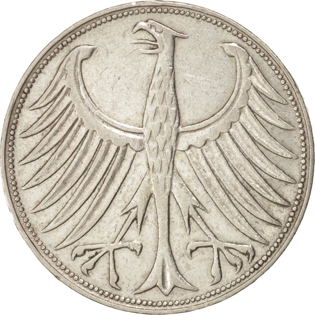 Coin, GERMANY - FEDERAL REPUBLIC, 5 Mark, 1958, Karlsruhe, EF(40-45), Silver