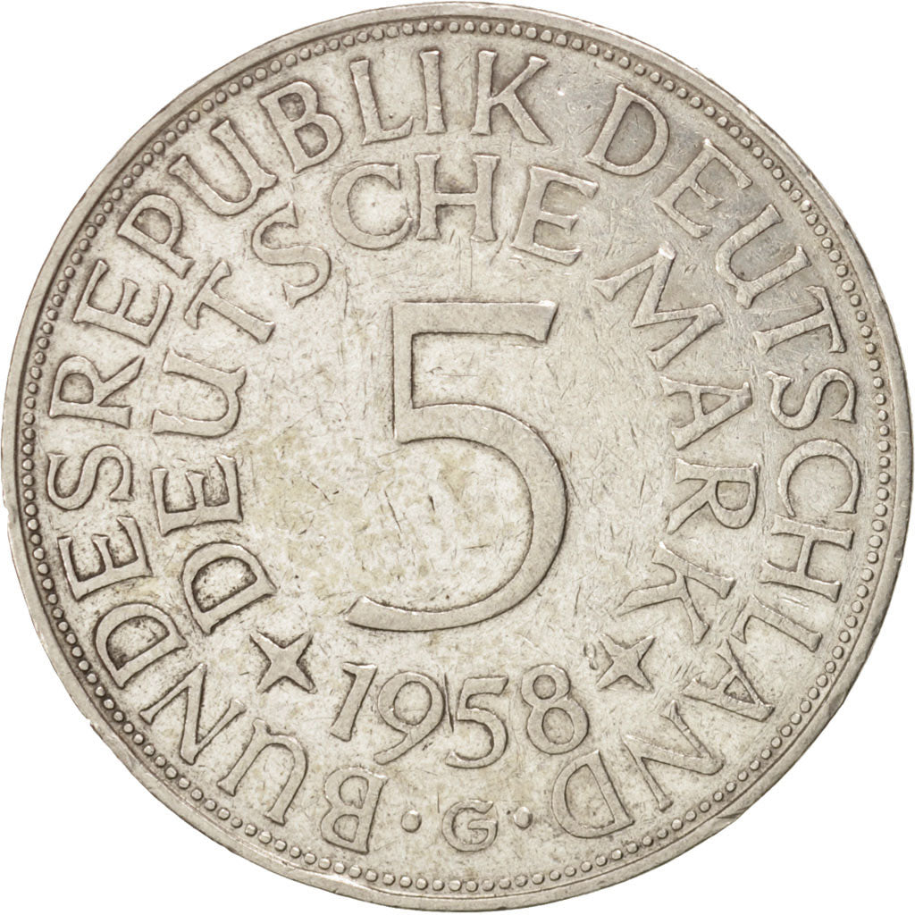 Coin, GERMANY - FEDERAL REPUBLIC, 5 Mark, 1958, Karlsruhe, EF(40-45), Silver