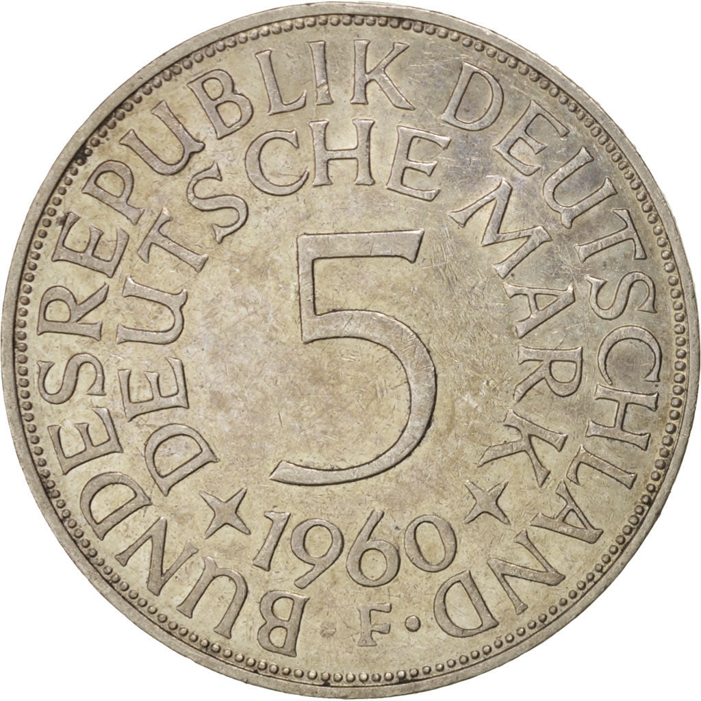 GERMANY - FEDERAL REPUBLIC, 5 Mark, 1960, Stuttgart, EF(40-45), Silver, KM:112.1