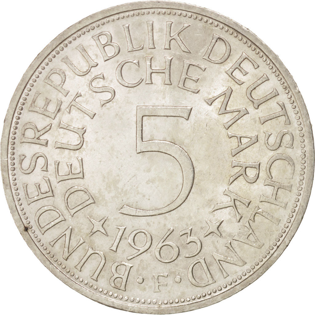 GERMANY - FEDERAL REPUBLIC, 5 Mark, 1963, Stuttgart, AU(55-58), Silver, KM:112.1
