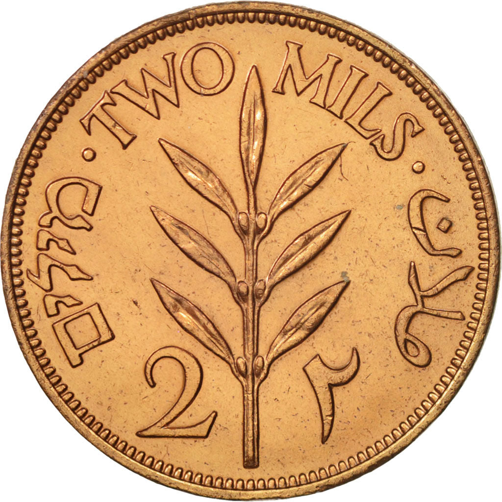 Palestina, 2 Mils, 1945, BB+, Bronzo, KM:2